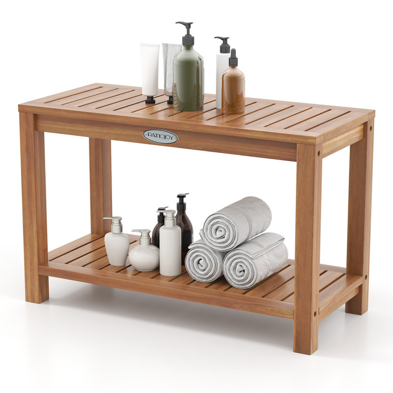 Teak Wood Shower Bench Inside Shower Stool w/ Storage Shelf for Adults, 18" H x 30" W x 12.5" D