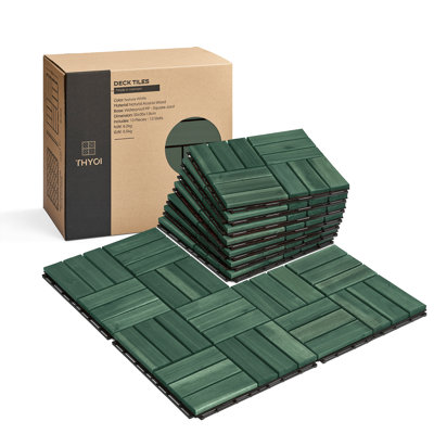 Carreaux de terrasse de qualité supérieure THYOI - Ensemble de 10 tuiles de terrasse emboîtables 12 po x 12 po x 0,9 po, bois d'acacia imperméable pour balcon, cour, intérieur et extérieur (vert Knysna, motif croisé, joints carrés)