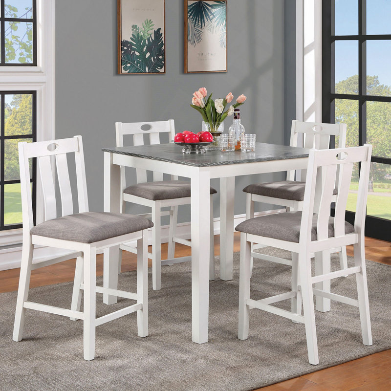 Table de salle à manger à hauteur de comptoir 5 pièces en bois massif blanc
