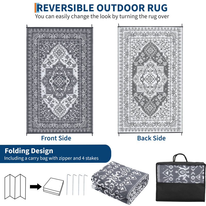 Waterproof Reversible Outdoor Rug 8x10ft – Large Plastic Straw Patio Carpet – Vintage Medallion Area Mat for Deck, Balcony, Pool, RV, Camping, Beach, Picnic – Durable Use – Gray, USA