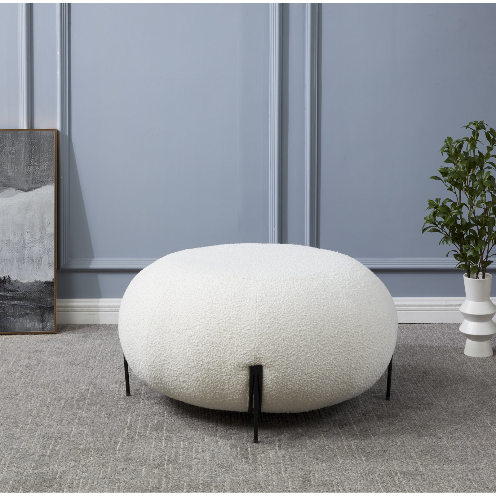 Lieze 35" Ottoman, Ivory Boucle, Black