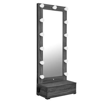 Floor Length Grey Mirror With Led, Drawer And Speakers, Solid Wood+ Construction, Ideal For Small Tiny Homes Tall Length, Wash Wood+, Suitable Storage Areas