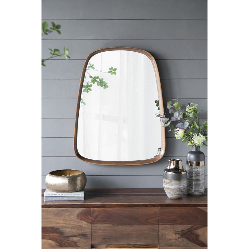 Miroir mural de 27 po x 37 po avec cadre en bois pour la maison - Convient au salon, à la salle de bain, au vestibule, à l'élégance minimaliste de la salle de bain et au rebord courbé