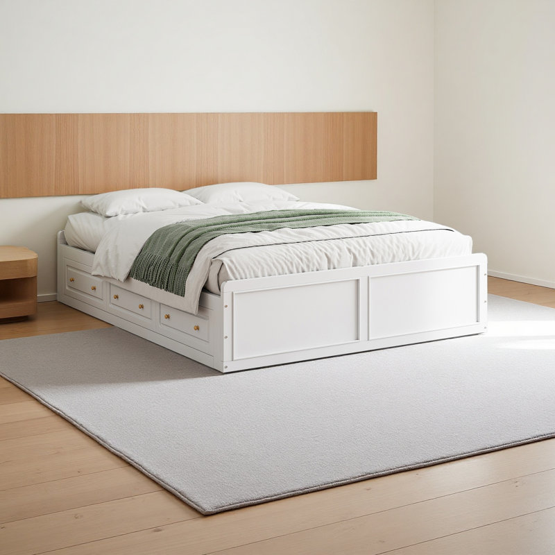 Structure de lit plateforme en bois avec 6 tiroirs, Blanc