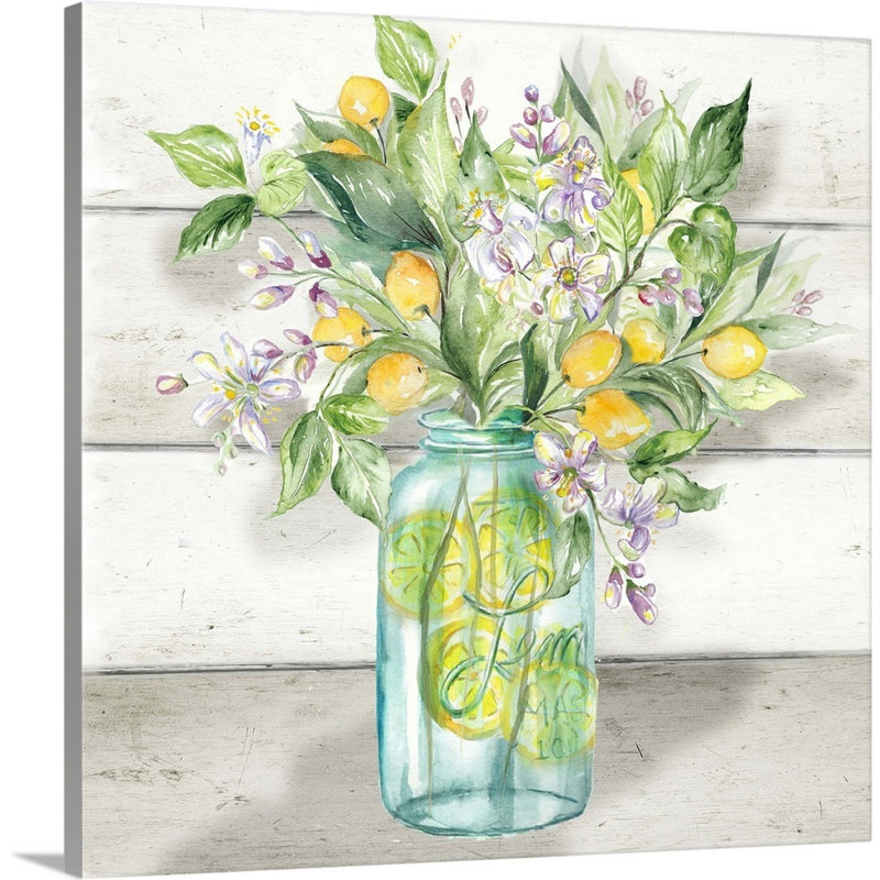«Watercolor Lemons in Mason Jar on Shiplap» par Tre Sorelle Studios - reproduction d'art sur toile, Toile tendue