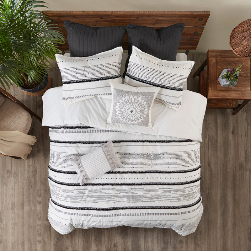 Ensemble de housse de couette en coton imprimé avec garnitures, Housse de couette double et 2 taies décoratives, Noir / blanc