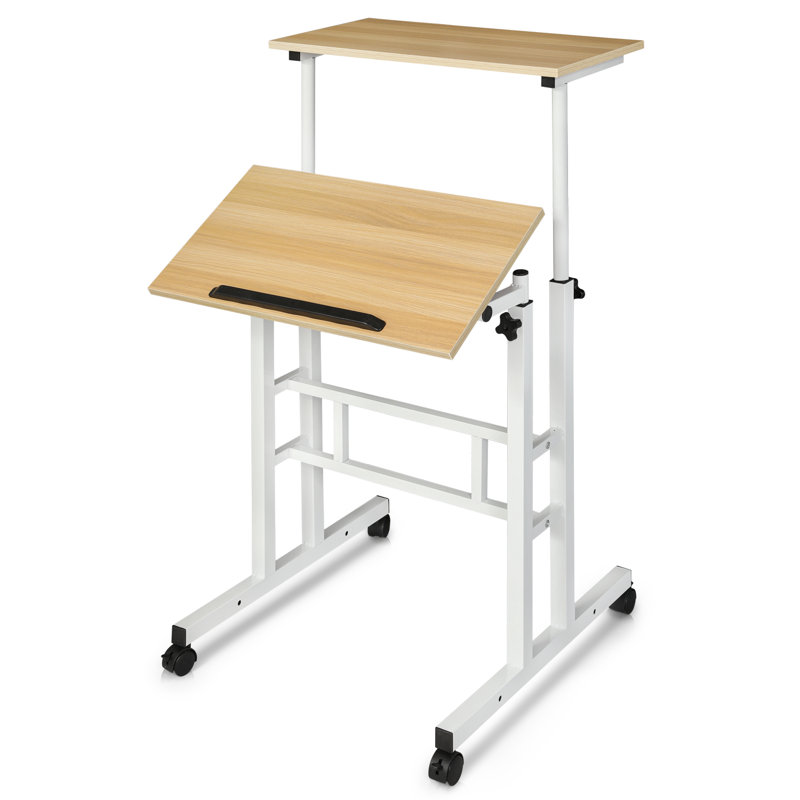 Mobile Computer Desk, Adjustable Height Laptop Standing Desk with Tilting Tabletop and Monitor Shelf, Natural/White