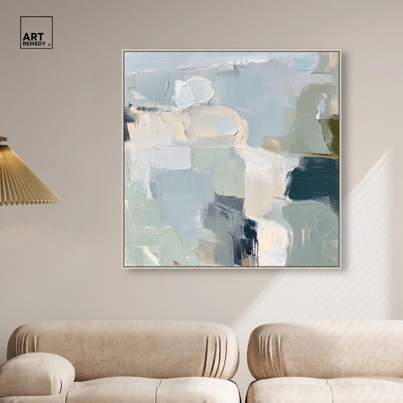 Toile écume de mer et sable II par Art Remedy, H 41 po x l 41 po, Cadre flottant, Doré
