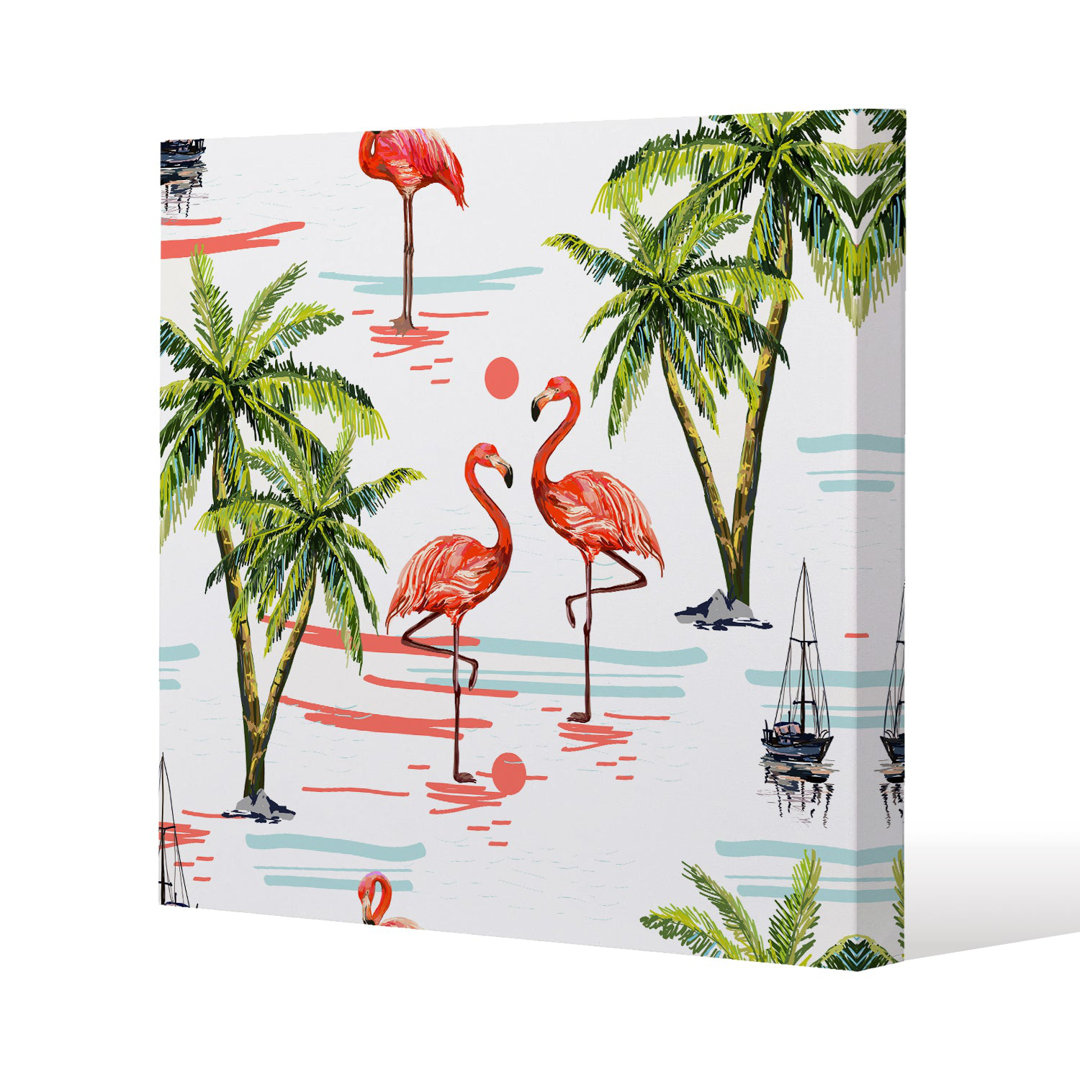 Flamingo & Palm Trees Slim Style Canvas Print, 15mm Slim Real wood.
