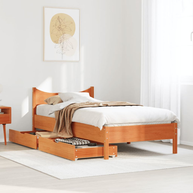 Solid Wood Storage Bed, 100 x 200cm, Wax Brown