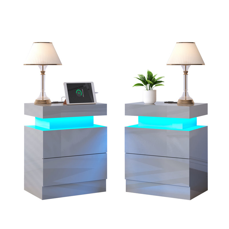 Modern LED Light Nightstand with Charging Station & 2 Drawers, Gray