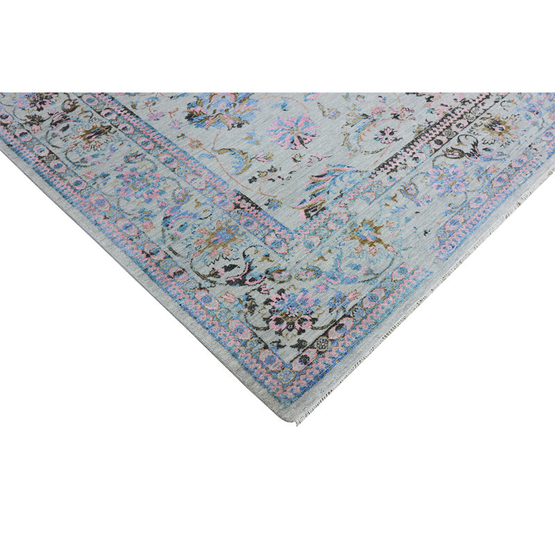 Tapis argenté et rose noué à la main de haute qualité, Rectangle 8 pi x 10 pi