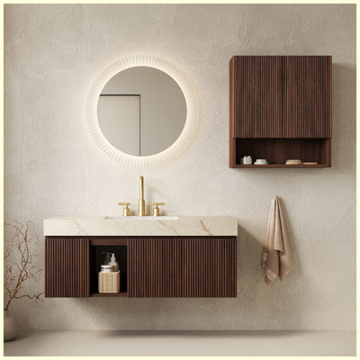 Ensemble de meuble-lavabo flottant mural 48 po + 26 po avec lavabo, dessus en pierre frittée et cuve en céramique, grain de bois noyer, 3 trous de robinet pré-percés