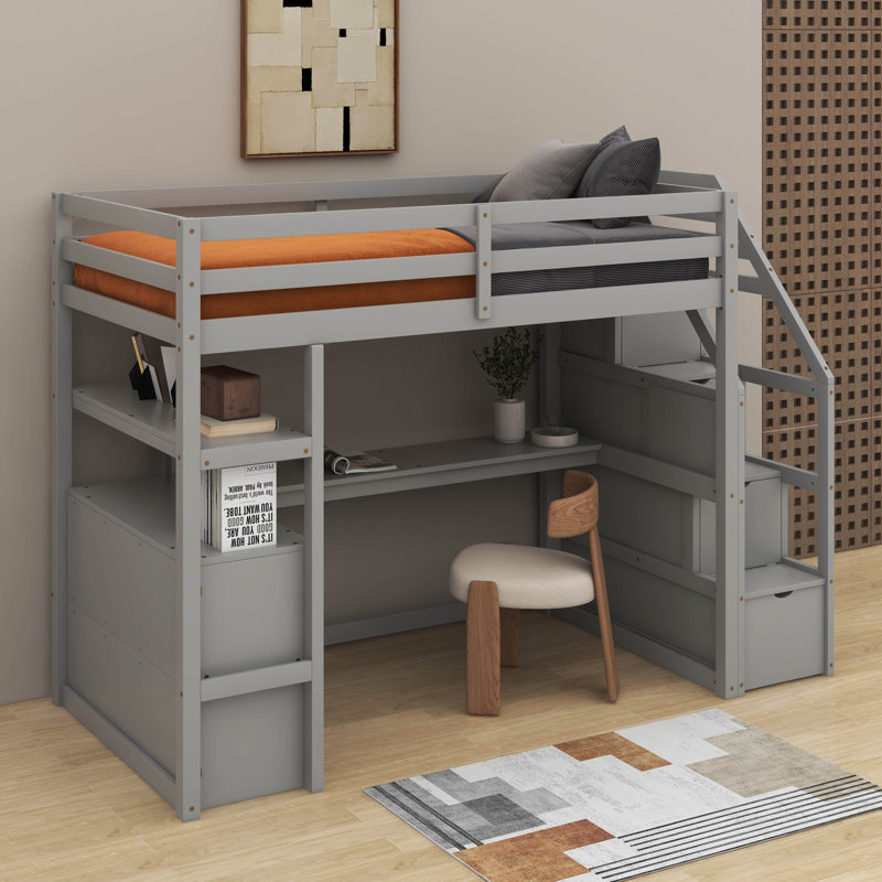 Lit mezzanine simple avec bureau et tablettes, Gris