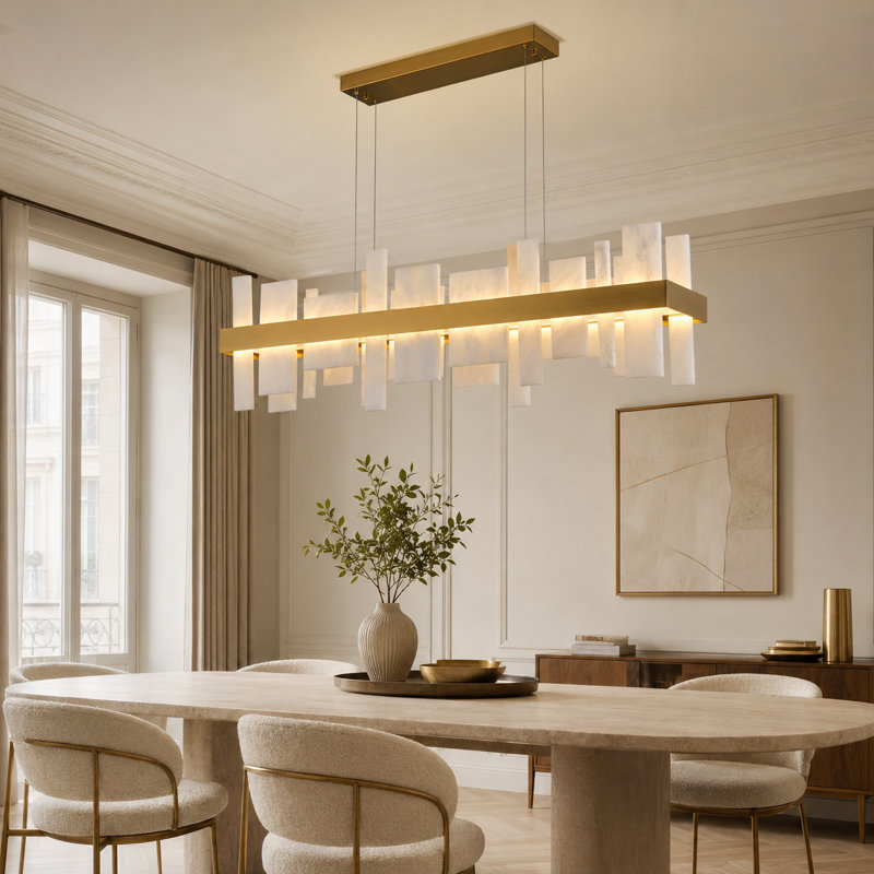 Cataleya Dimmable LED Alabaster Kitchen Island Square / Rectangle  Chandelier, Brass