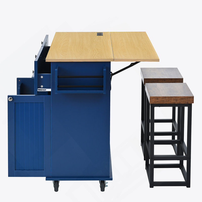 Farmhouse Kitchen Island with Drop Leaf and 2 Seatings, Kitchen Table Set with Storage Cabinet, Drawers, Door Shelves and Power Outlet