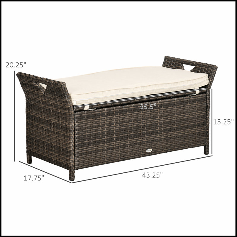 Banc de rangement en osier de patio 27 gallons Outsunny, mobilier d'extérieur en rotin PE avec grande capacité et coussin confortable