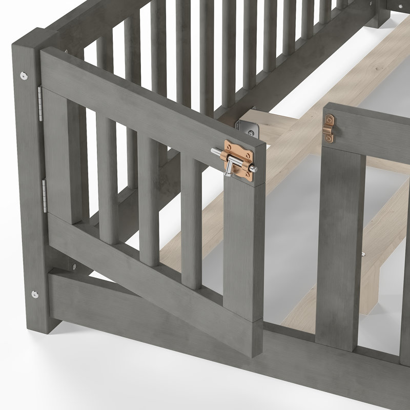 Grand lit en bois avec rails de sécurité, conception moderne de plancher pour enfants