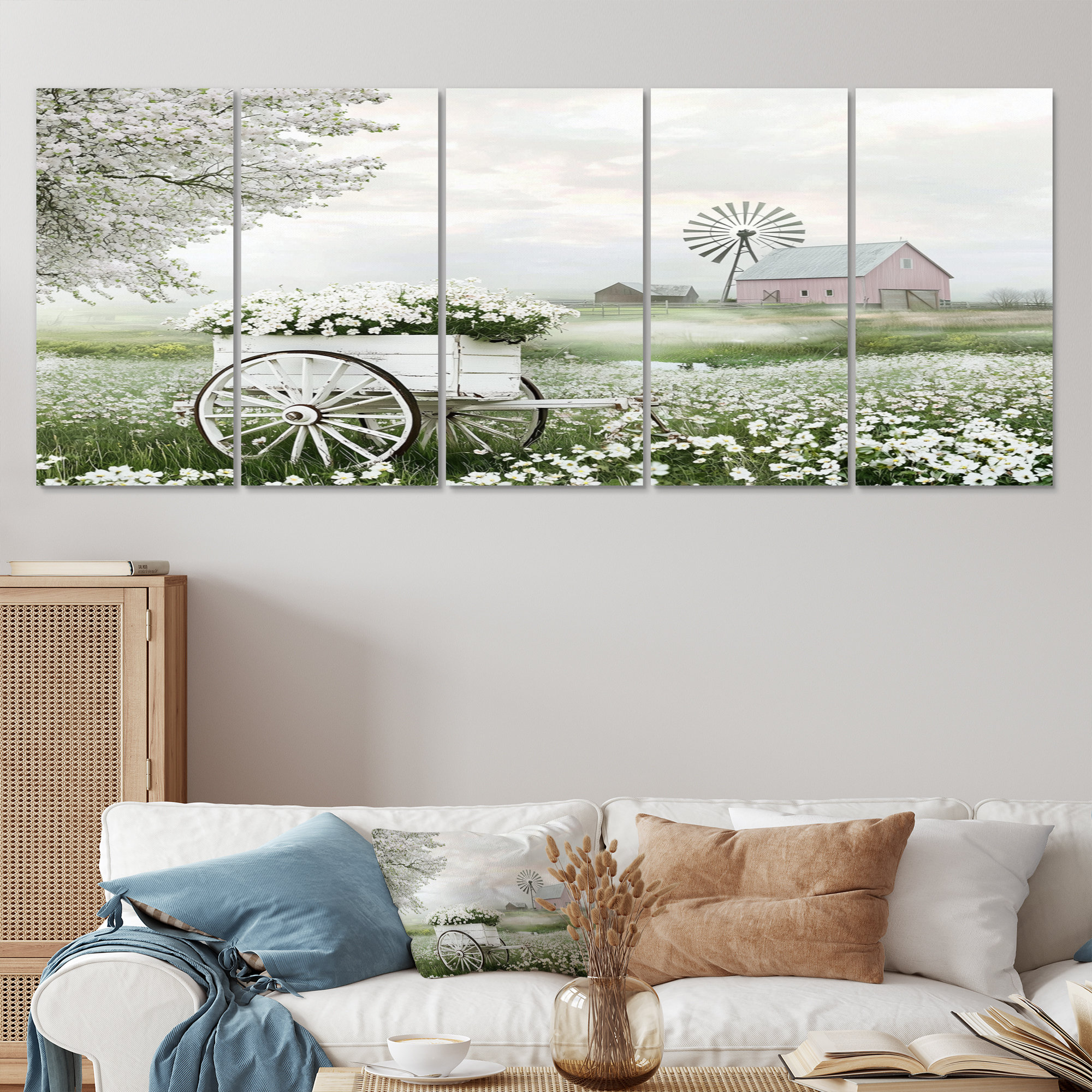 August Grove White Flower Cart At The Barn I - Barn Canvas Art Set ...