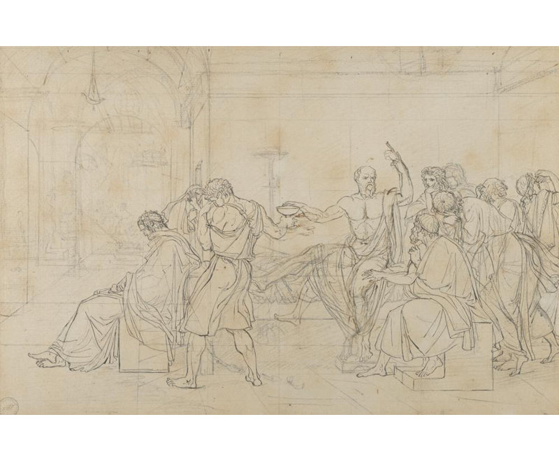 "La mort de Socrates" par Jacques Louis David - Art sur toile tendue avec châssis, H 48 po x l 33 po
