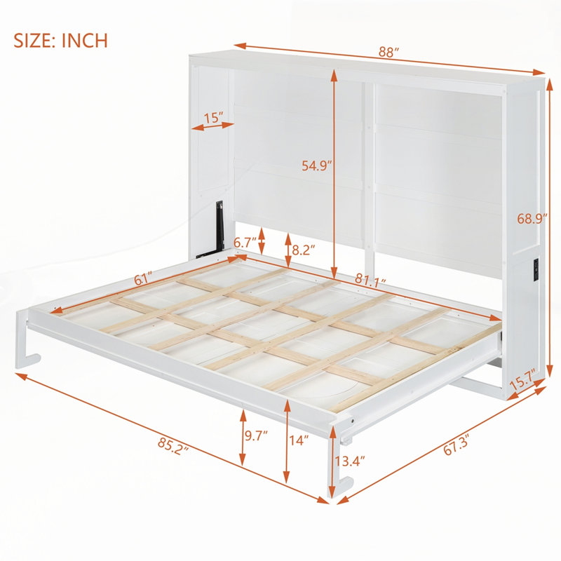 Murphy Bed Cabinet With Outlets, White, Queen