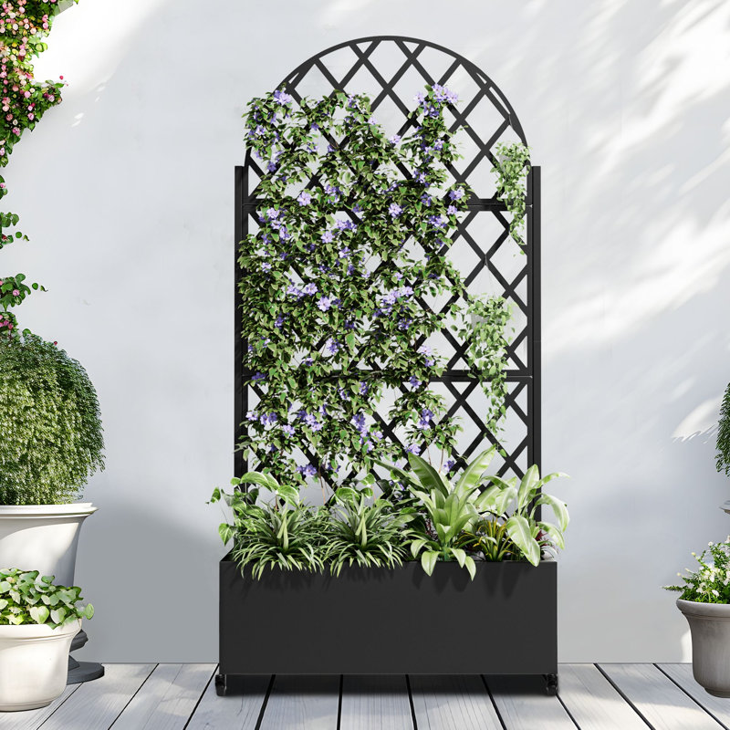 Jadine 35" W Metal Planter Box with Arched Trellis and Wheels, Black
