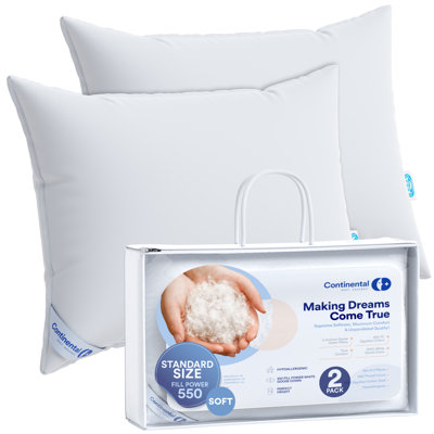 Continental Bedding 2-Pack Plush Down Pillows, 550FP Down, 400TC Cotton Cover