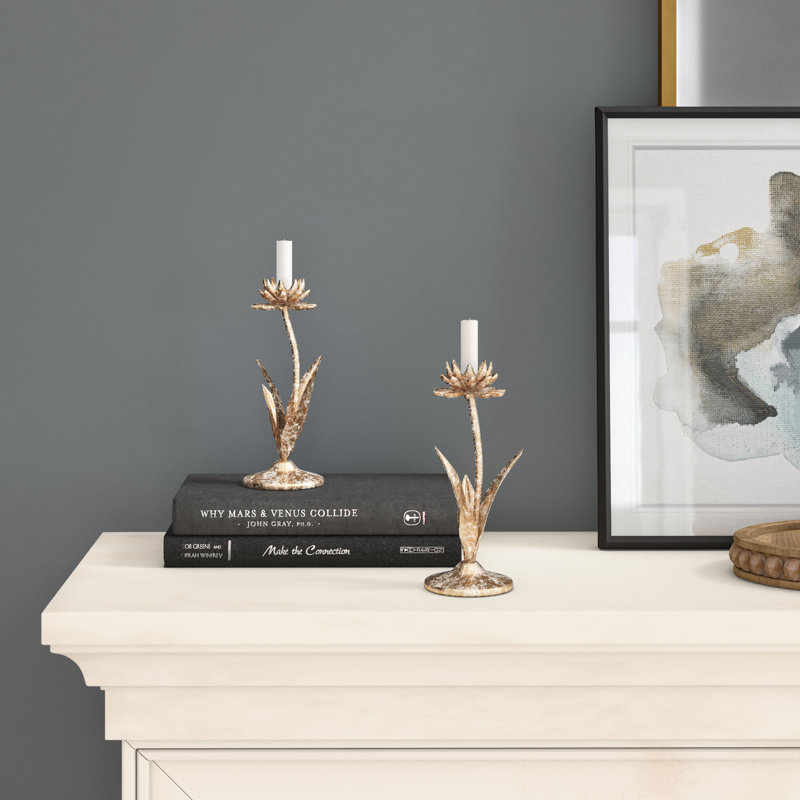 Distressed Gold Metal Flower Taper Candle Holders, Set of 2