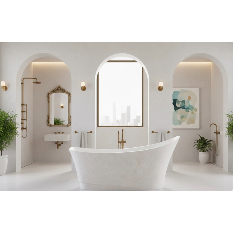 Vast Studio 70.9” x 29.5” Textured White Concrete-White/White Freestanding Asymmetrical Bathtub – Deep Soaking Tub with High-Back Wave Design, Sculpted Metallic Finish & Modern Spa-Luxury Comfort