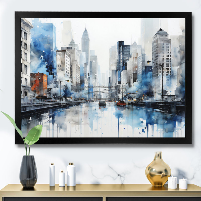Gris, bleu, minimalisme, euphorie urbaine I - art mural minimalisme, H 30 po x l 40 po x P 1,5 po, Cadre simple noir