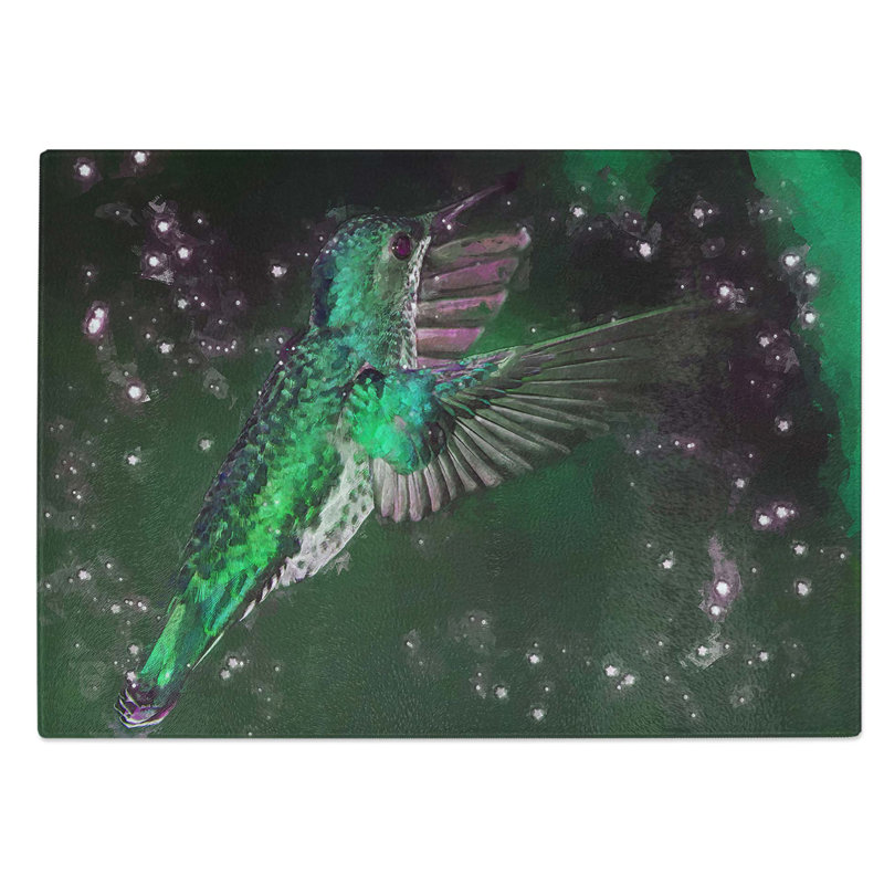 Glass Green-Crowned Hummingbird in Abstract Chopping Board, 39 cm W x 28.5 cm L