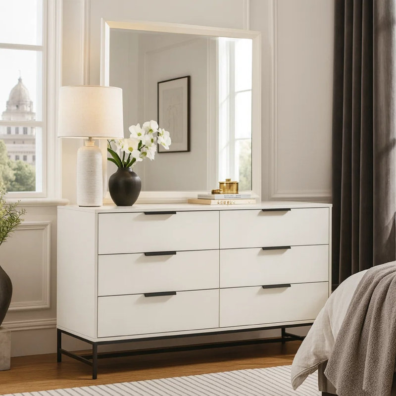 Noro 2 Piece Modern Wide Dresser And Mirror Set, 6 Drawers, White