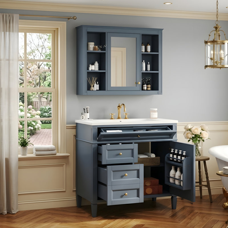 Meuble-lavabo 36 po avec lavabo en céramique et armoire à pharmacie, Bleu