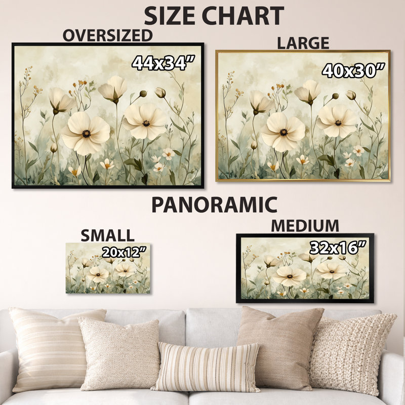 Décoration murale neutre crème Wildflowers I - crème pré, H 12 po x l 20 po, Black Picture Framed