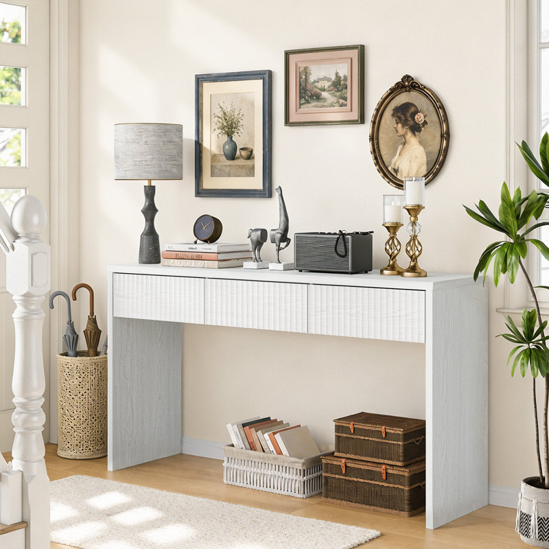 Higham 55" Wood Console Table with 3 Drawers,behind Couch Table for Entryway,Fluted Design,Off White, Off White