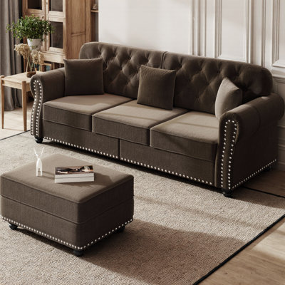 Canapé modulaire rembourré en L de 82,6 po en forme de L avec repose-pieds, style Chesterfield de style Mid-Century, capitonné avec garniture cloutée et accoudoirs roulés, comprend 3 coussins