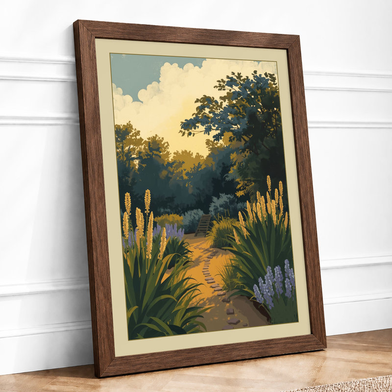 Garden Path at Golden Hour Botanical - Framed Print, A3 - 42.0 x 29.7 cm, Walnut