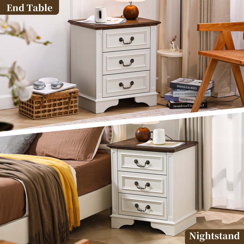 21.65'' Wide Nightstand With 3 Drawers, White/Walnut, Set of 1