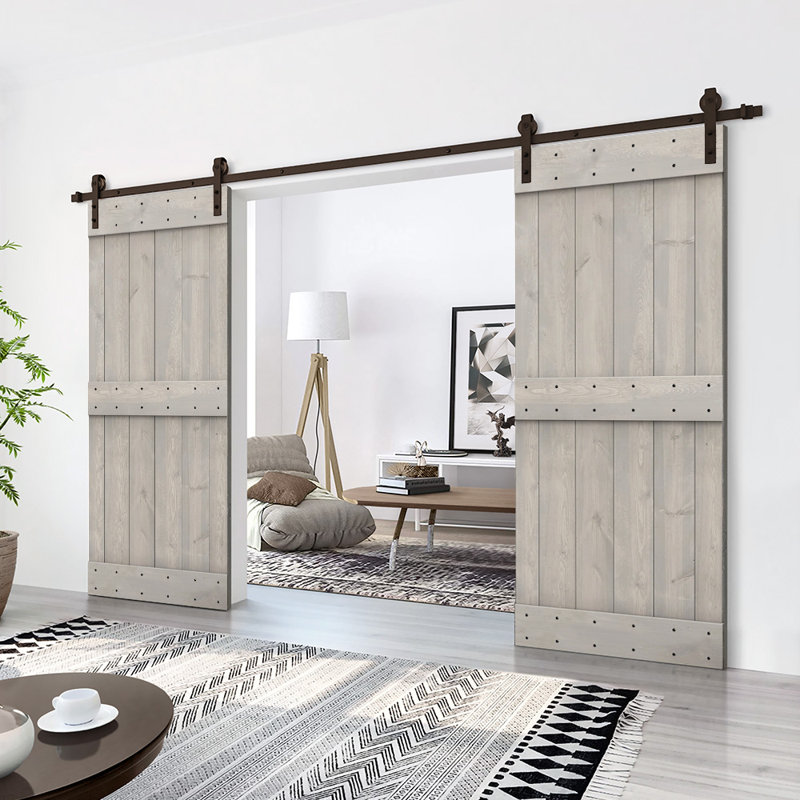 Silver Gray Solid Wood Double Barn Door Kit with Oil Rubbed Bronze Hardware