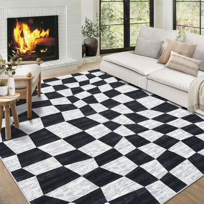 Tapis à carreaux - noir, moderne, lavable, antidérapant, à poils courts, moelleux et résistant aux marques pour le salon, la chambre à coucher, la salle à manger, le bureau - 9 x 12 pi (É.-U.)