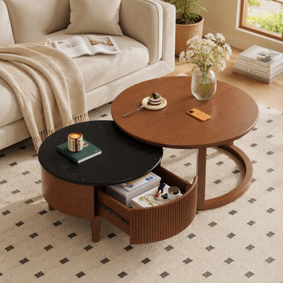 Table basse gigogne ronde vintage avec tiroir, design cannelé, bois, fini noir et noyer, salon, 80 cm