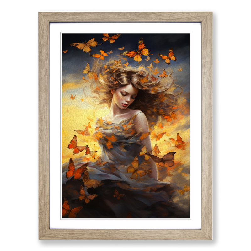 Butterfly Romanticism - Single Picture Frame Print on Wood, Oak Framed, 34cm H x 25cm W x 2cm D