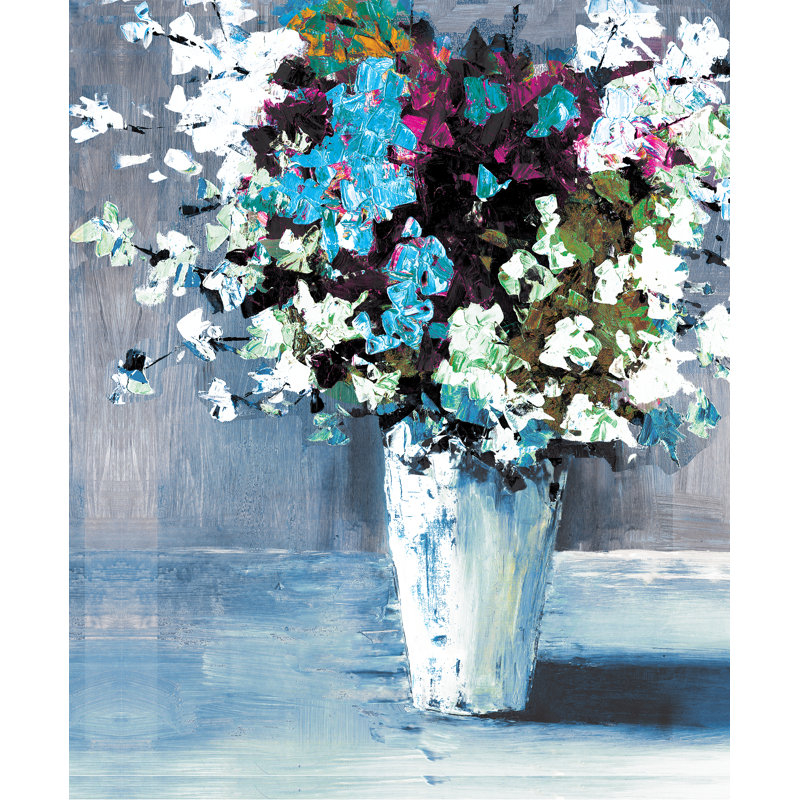Floral in Vase Blue and White - Painting Print, 46cm H x 30cm W, Black Floater Framed