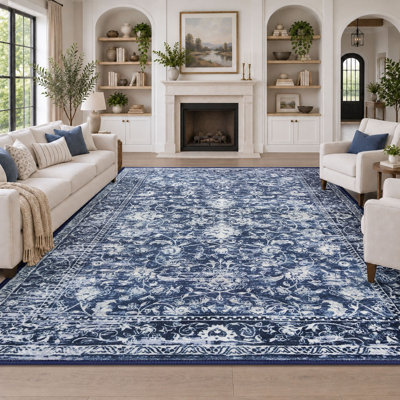 Washable Vintage Floral Area Rug with Non-Slip Rubber Backing for Living Room Bedroom