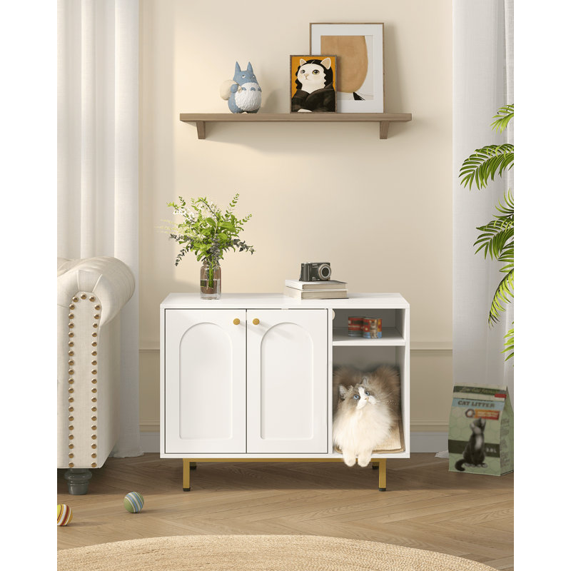 Cat Litter Box Enclosure, Hidden Litter Box Furniture with Scratching Mat, Wooden Pet House Side End Table, Tall Legs, Double Doors, 80 x 50 x 61 cm, White and Gold, Black and Gold, White