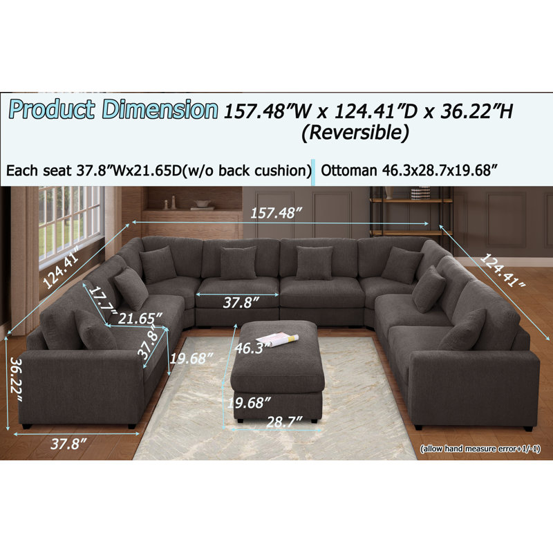 Chenille Modular 12-piece Oversized Reversible Corner Sectional, Dark Gray Polyester