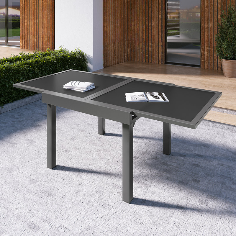 Extendable Rectangular Glass Outdoor Dining Table, Dark Grey