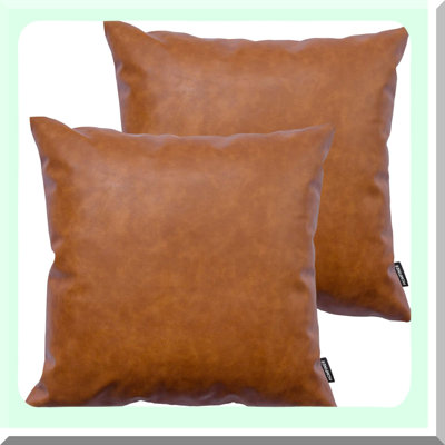 Cognac Brown Leather Pillow Covers - Set of 2 | Modern Solid Decorative Square Cushion Cases for Couch, Bed, Sofa | Bedroom, Living Room