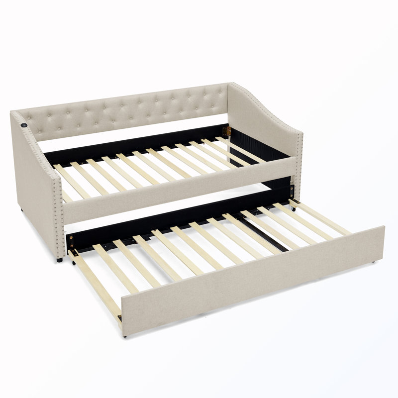 Lit de jour simple capitonné à garniture cloutée avec charge USB et lit extensible escamotable, Twin, Beige