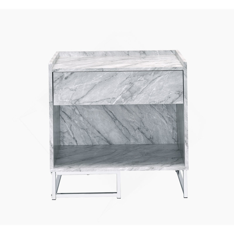 White Printed Faux Marble & Chrome Finish Accent Table